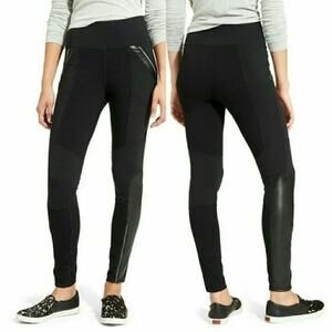 Athleta Ponte Luxe Faux Leather Leggings Size S Black Zip Pocket 26